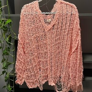 POL Open-Knit Distressed V-Neck Off-the-Shoulder Sweater - Coral Pink